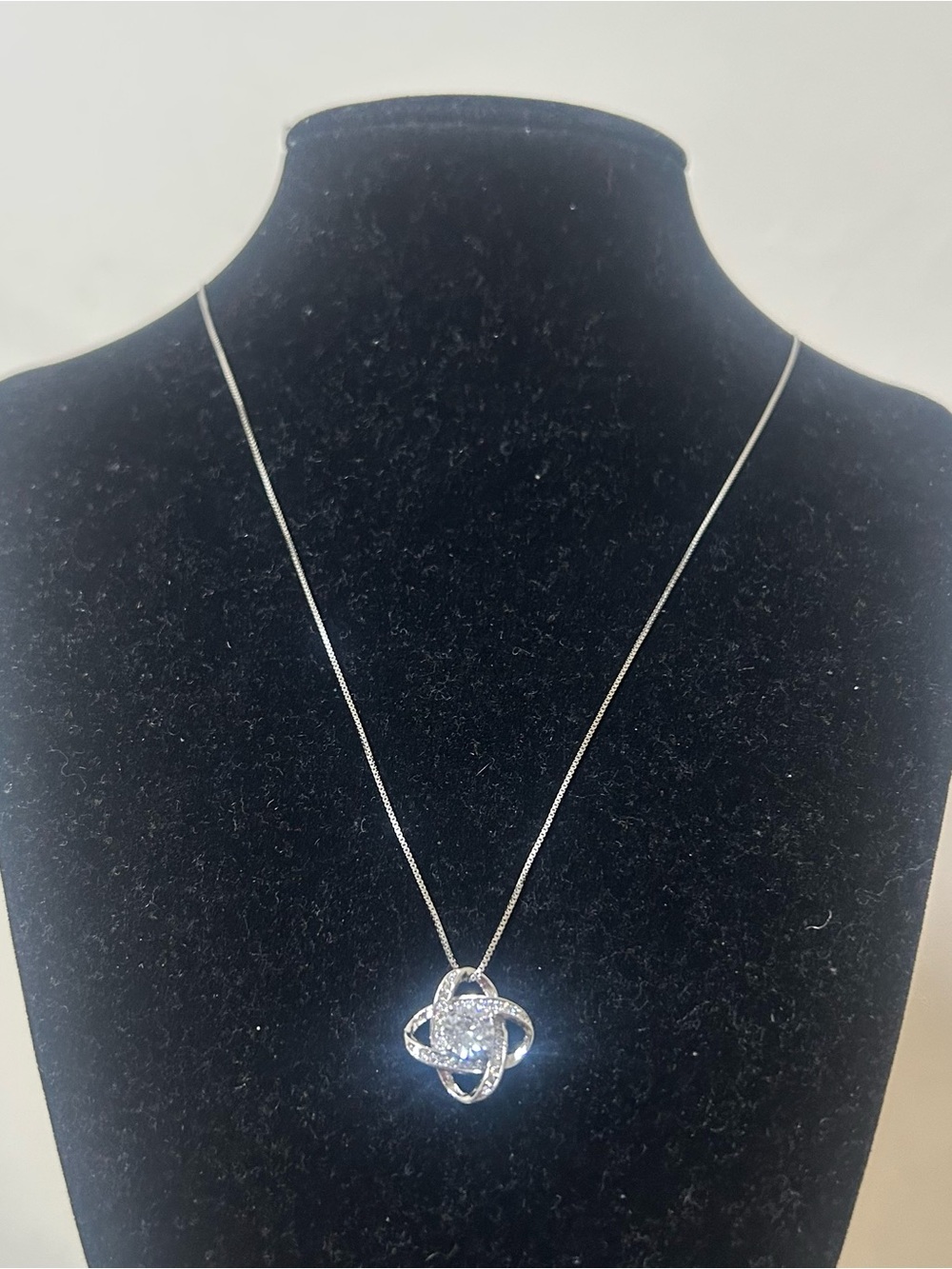 Sterling Silver Knot Pendant Necklace with Clear Crystal Center